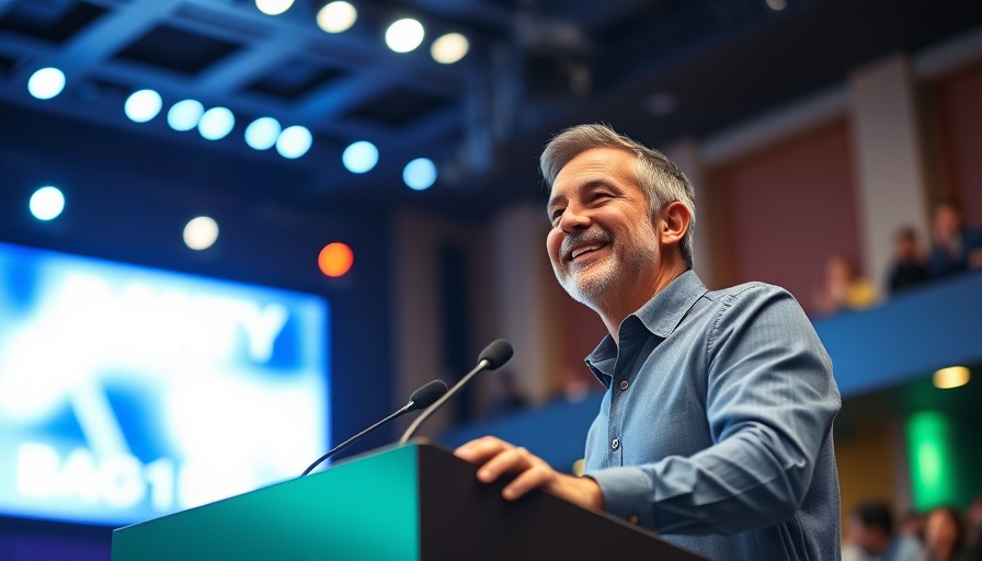 Sunshine State Good News Tour speaker at podium with stage lights.