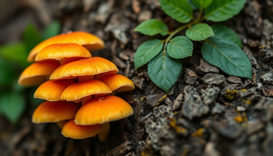 Vibrant orange mushrooms on tree bark, symbolizing fungi as first responders.