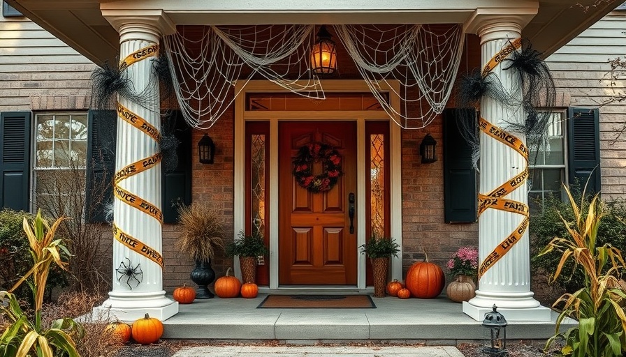 Safe Halloween decorations on house porch with webs and tape.