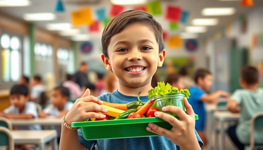 Smiling boy with healthy food in cafeteria, highlighting California's ultra-processed food ban.