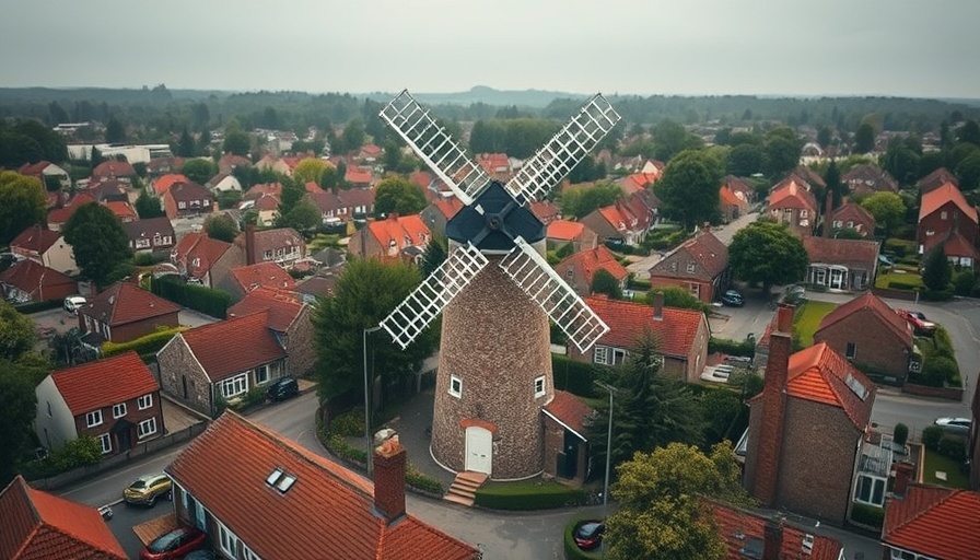 Aerial view of Britain's oldest windmill still producing flour amidst suburban homes.