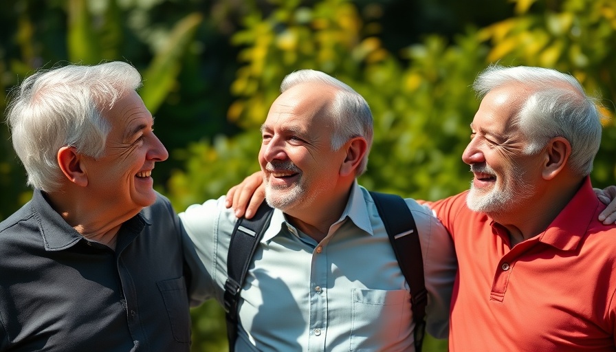 Three men enjoying a chance encounter in a sunny garden