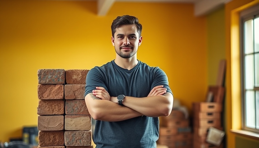 Confident man with eco-friendly bricks from landfill waste indoors