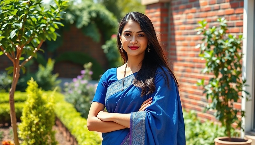 Young woman in a blue sari standing confidently outdoors.
