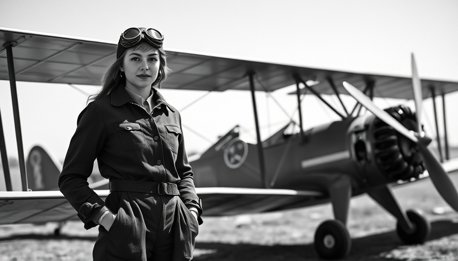 Historic photo of first licensed female Dutch pilot beside biplane.