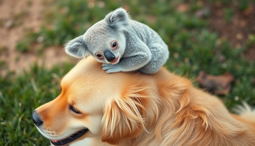Golden retriever gives baby koala a piggyback ride outdoors.