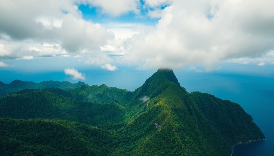 Aerial view of a tropical island with mountains and blue ocean.