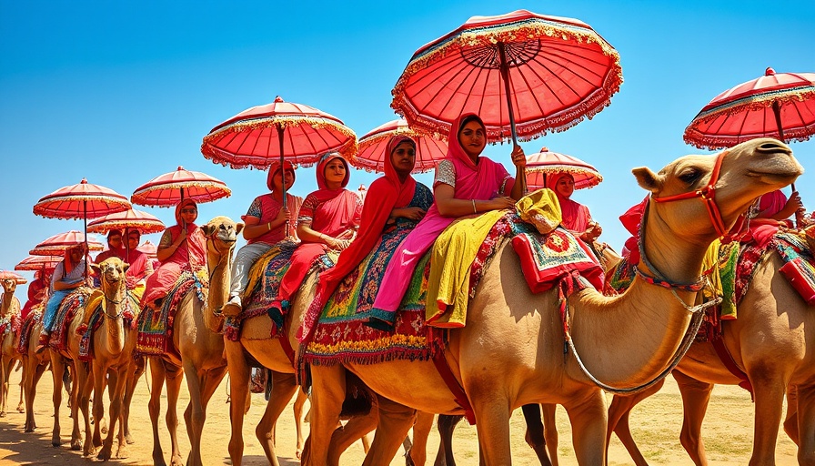 Camel parade at Rajasthan festival with traditional attire.