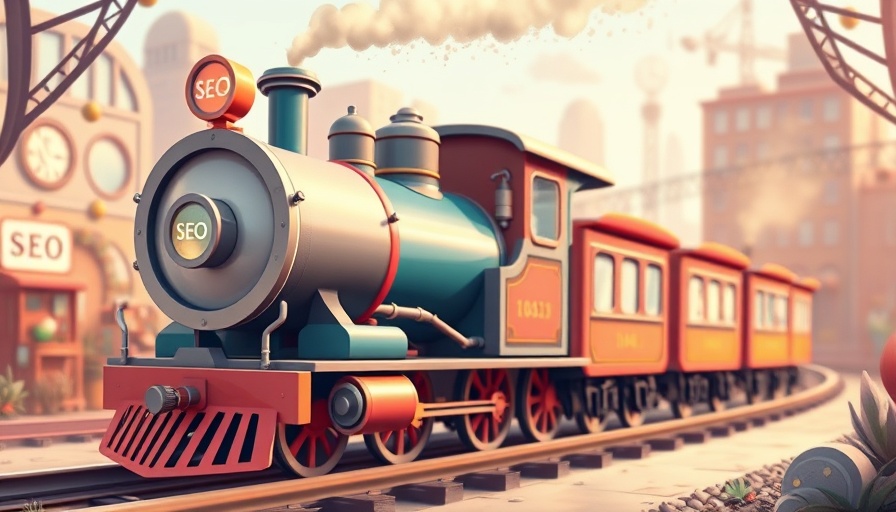 Whimsical cartoon train styled like a search engine icon