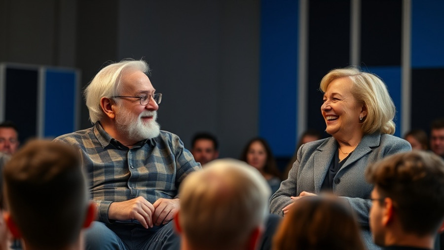 Elderly man and joyful woman in conversation on stage, highlighting human connection.