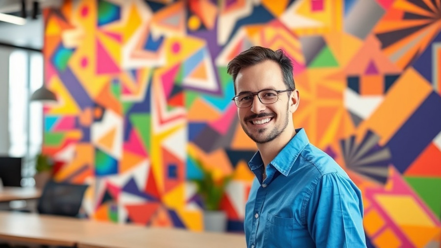 Smiling man by geometric art wall, vibrant patterns, office setting.