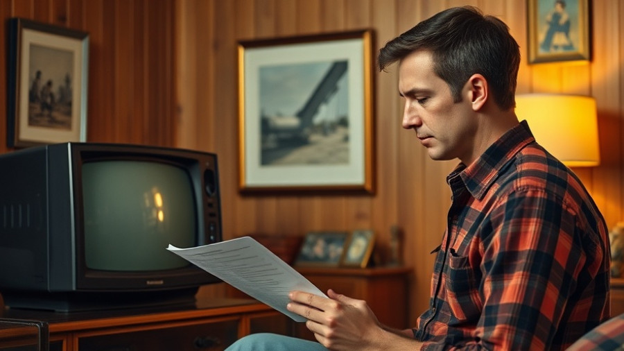 Vintage TV showing man reading document in 1980s decor, Reagan Tariff Ad Ontario Trump.
