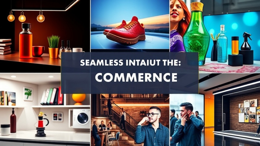 Shoppable ads integration concept with digital products and logo.