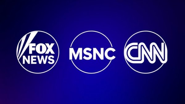 Major news networks logos on dark gradient background.