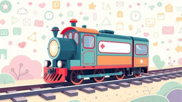 Cartoon train with SEO theme on abstract background, 2026 SEO trends.