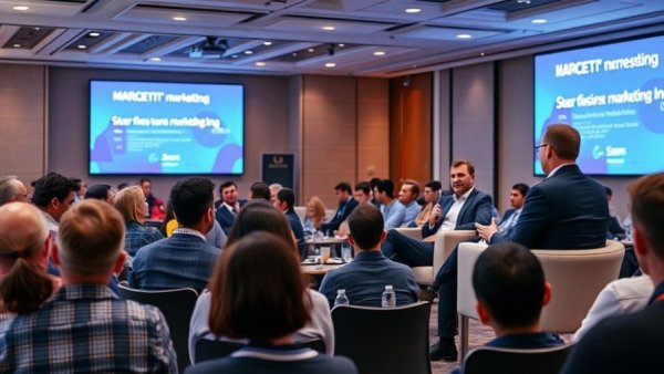 Two presenters at marketing event discussing strategy, Tecovas Scaling with Soul.