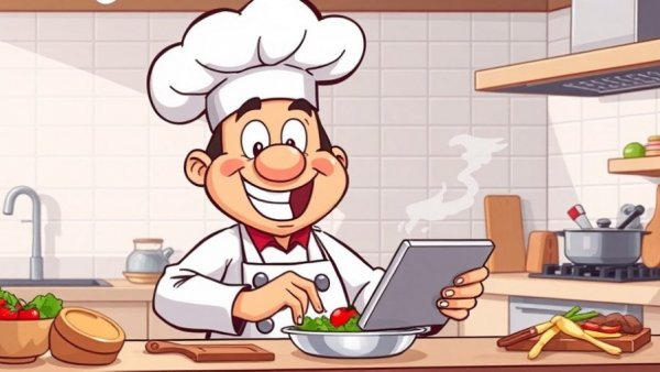 Chef using cooking app on tablet in modern kitchen, illustrating how Cooking Apps Are Publishers’ Secret Ingredient.