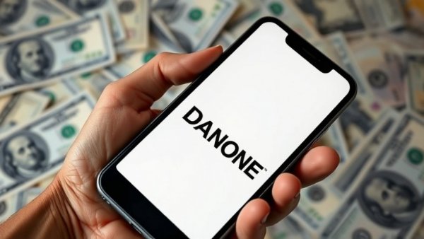 Danone logo on smartphone over dollar bills, symbolizing Danone marketing strategy restructuring.