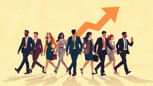 Illustration of businesspeople uniting towards growth symbolizing consolidation in commerce media 2026.