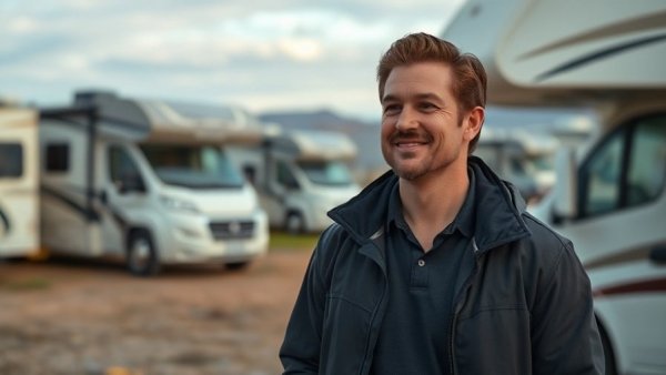 Man outdoors beside RVs during CBS Evening News tour.