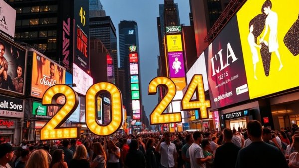 Vibrant Times Square with large 2024 numbers, New Year’s Eve Programming 2026 atmosphere.