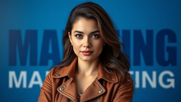 Confident woman in marketing-themed background promoting brand-led growth.