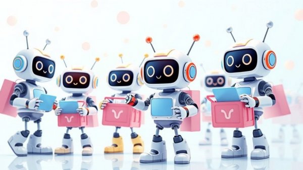 Cartoon robots engaged in online shopping, representing Agentic Web implications for brands.