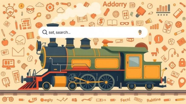 Steam train search bar cartoon in learning-themed background.