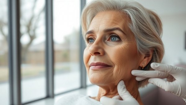 Wealthy older woman receiving a cosmetic procedure in a modern interior.