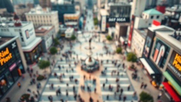 Aerial cityscape with people walking in a vibrant square, Fifty5Blue media measurement.