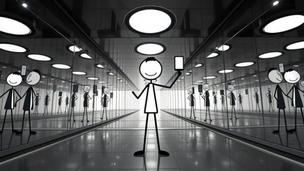 Stylized stick figure in a mirrored room with a selfie stick.
