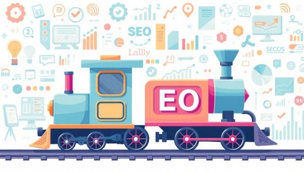Whimsical train illustration with SEO icons, AI optimization in SEO 2026 theme.