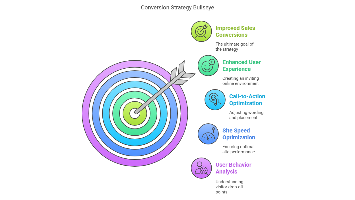 Conversion Strategy Bullseye diagram showing five key elements: Improved Sales Conversions, Enhanced User Experience, Call-to-Action Optimization, Site Speed Optimization, and User Behavior Analysis