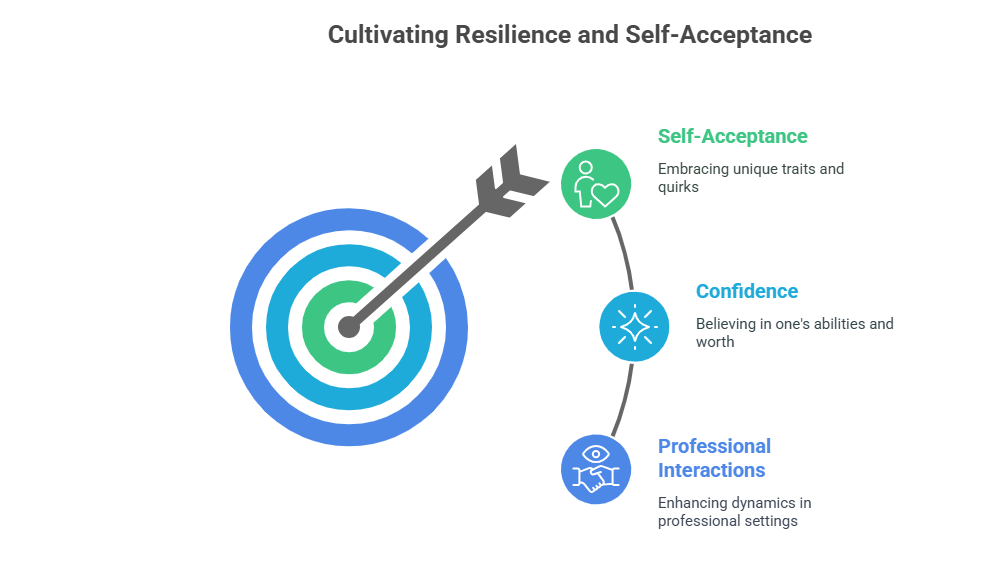 Diagram titled 'Cultivating Resilience and Self-Acceptance' with three sections: Self-Acceptance—embracing unique traits and quirks, Confidence—believing in one's abilities and worth, and Professional Interactions—enhancing dynamics in professional settings