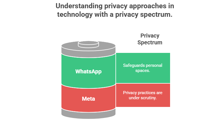 Privacy spectrum showing WhatsApp as safeguarding privacy and Meta under scrutiny