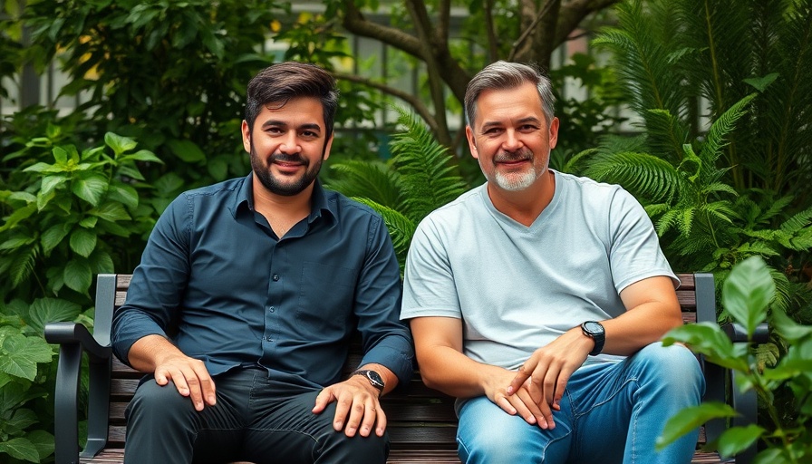 Casual outdoor portrait of two men surrounded by greenery.
