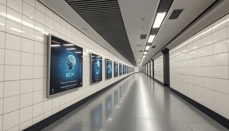 AI subway campaign ads in sleek modern corridor.