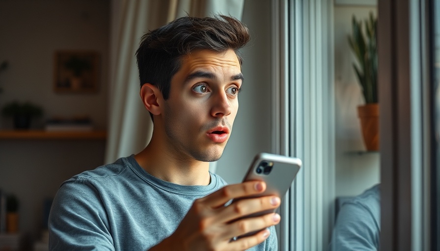 Young man surprised holding smartphone, AI marketing concept.