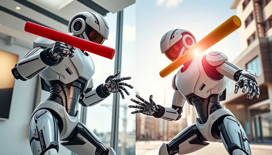 Futuristic robots with nunchaku and bat demonstrating agility, AI marketing software concept