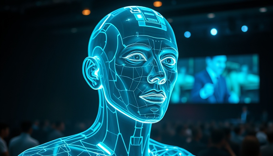 AI marketing software presentation with futuristic humanoid hologram.