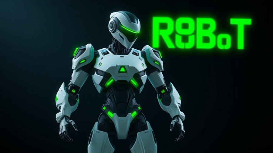 AI marketing software futuristic humanoid robot with green accents