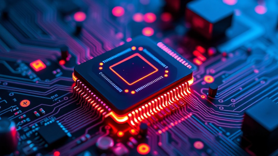 Glowing microchip on circuit board with vibrant blue and red lights.