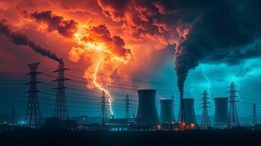 Electricity AI's biggest problem illustrated with power lines and storm.