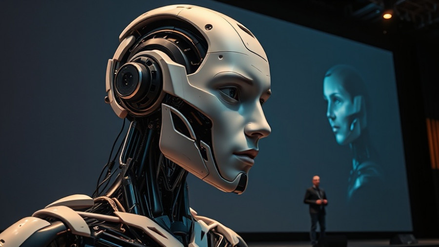 Futuristic robot head presentation at tech conference, self-improving AI video generation demo.