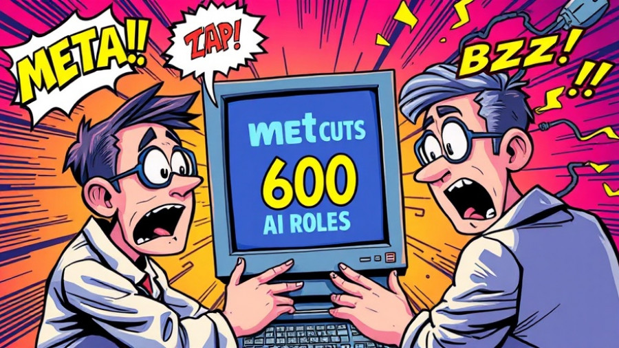 Meta AI workforce reduction depicted in comic style with scientists and malfunctioning computer.