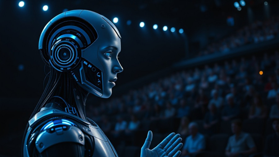 Futuristic AI marketing software introduction with humanoid and speaker.