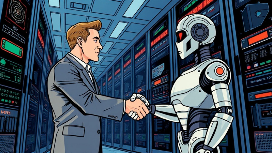 Retro comic illustration of AI debt deal with human and robot shaking hands.