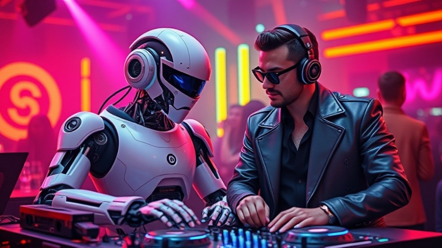 Futuristic robot and human DJ in neon-lit club, AI reviews theme