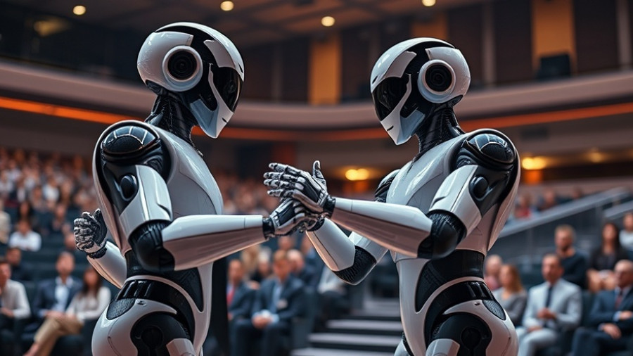 Sleek humanoid robots dancing with a man on stage, self-evolving robots theme.