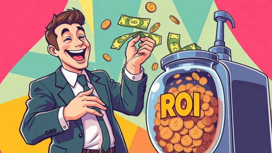 Retro man in suit pouring money into ROI machine, pop art style.